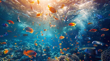 Vibrant underwater oasis teeming with colorful fish and coral bathed in sunbeams filtering through the ocean