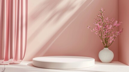 Elegant minimalist pink podium with circular mirror for showcasing products in a serene, soft-hued setting