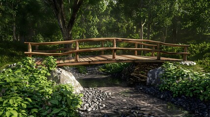  A quaint wooden bridge over a babbling brook surrounded by greenery. . 
