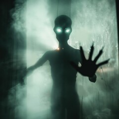 a foggy dark silhouette of an alien with glowing eyes and outstretched hands, fog in the background, fog on glass, blurry, dark, scary, eerie, creepy