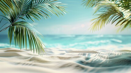Inviting Summer Atmosphere: Beach with Palm Leaves, product display background