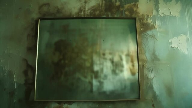 A large tarnished mirror hanging on the wall its surface reflecting a distorted image of the room. 2d flat cartoon.