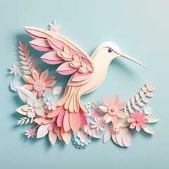 Obraz premium Side view of a cute little bird with floral decorative elements, papercraft style, pastel colors