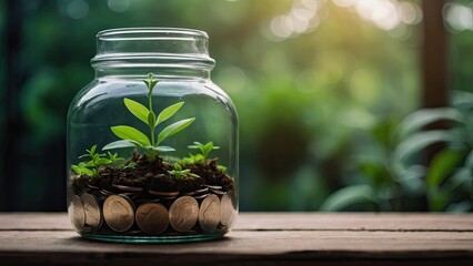 close up plant growing in clear jar full of coin - Powered by Adobe