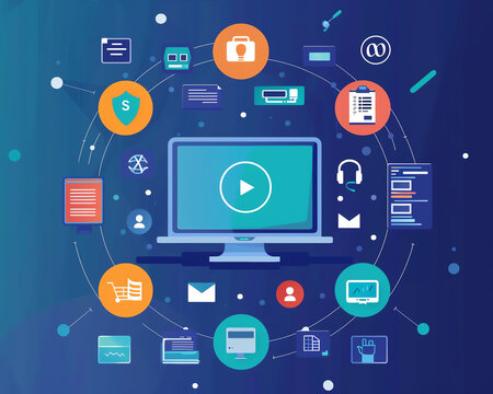 Elearning webinar platform focused on business skills training, surrounded by internet technology icons and tools for digital learning