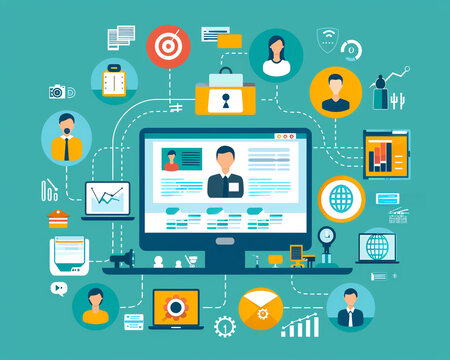 Elearning webinar platform focused on business skills training, surrounded by internet technology icons and tools for digital learning