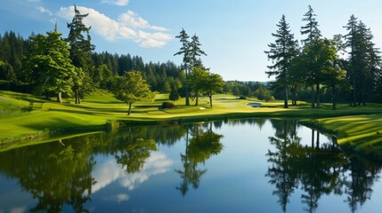 Fototapeta na wymiar Tranquil golf course nestled among towering pine trees and shimmering lakes, fairways winding gracefully through the landscape