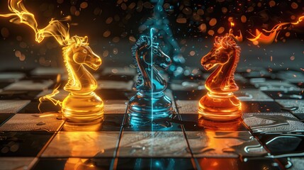 Detailed 3D model of fire and ice chess pieces on a board, strategic game of temperature