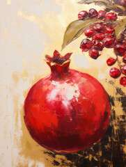 Impasto fresh juicy pomegranate oil painting on beige background. Tropical fruits. Summer design.
