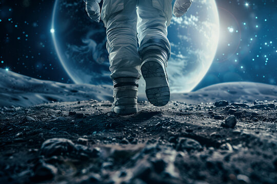 An astronaut walking on the moon and view of the Earth in background	
