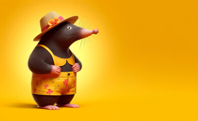 Portrait of anthropomorphic mole in summer clothing standing isolated on yellow background, copy space for text