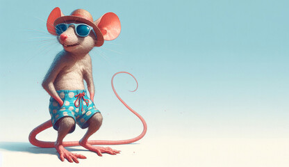 Portrait of anthropomorphic beach mouse with shorts and sunglasses standing isolated on light blue background, copy space for text