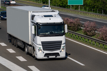 Semi truck with trailer on the highway.