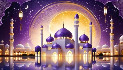 Eid mubarak background with lantern lights of different colours and behind it eid celebrations mosque and beautiful view