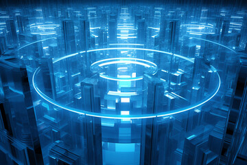 An abstract representation of a data center with blue neon lights and a circular structure at the center