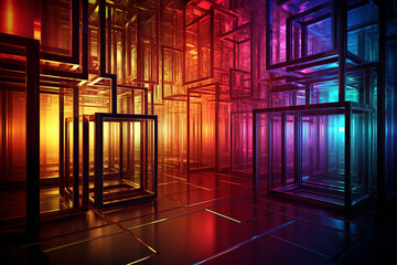 A vibrant 3D illuminated neon cubes in a futuristic setting