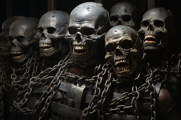 An eerie display of metallic skull sculptures bound by chains in a dark setting