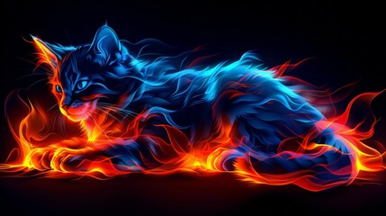 A cat is sitting on fire with its eyes closed. A magical creature made of fire on black background.