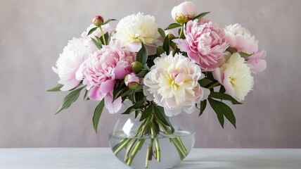 ouquet of blooming peonies in a glass vase.
