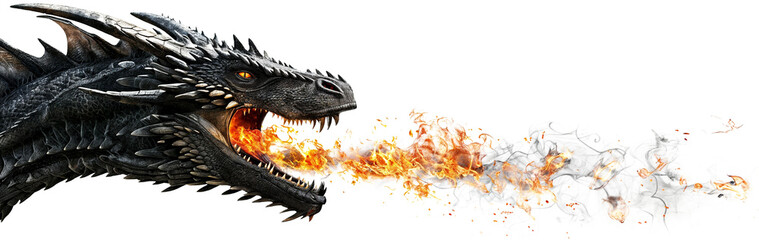 Black dragon head is spitting fire isolated on a white background as transparent PNG