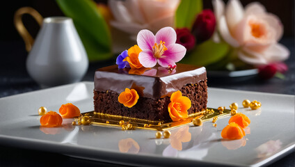 Appetizing chocolate cake with flowers delicious dessert