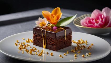 Appetizing chocolate cake with flowers restaurant