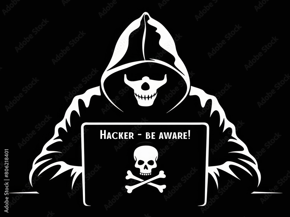 Poster mysterious hooded hacker with skull mask using laptop in darkness.