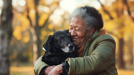 African American woman with pet dog. Happy elderly african american woman at the park cuddling her dog. A senior african american woman playfully holding her dog in park. Love for animals concept.
