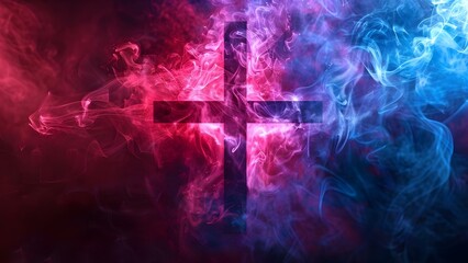 Christian cross in red and blue smoke symbolizes moral choices. Concept Christianity, Cross Symbolism, Red Smoke, Blue Smoke, Moral Choices