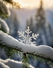 Highlight individual snowflakes on a spruce tree branch with a soft, wintry background