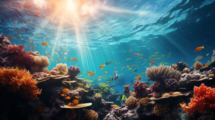 Colorful and vibrant underwater scenes teeming with fish and coral, Underwater Coral Reefs with Diverse Marine Life