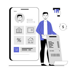 Mobile banking concept. Man with financial account, banking services in smartphone app. Personal finances management. Vector illustration with line people for web design.