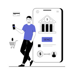 Mobile banking concept. Man makes online payment and doing transaction in phone bank application. Vector illustration with line people for web design.