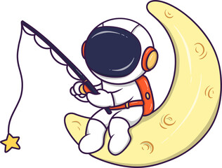 cartoon of a man in a spacesuit holding a fishing pole and sitting on a moon