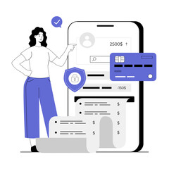 Mobile banking concept. Financial transactions online. Woman making protected payment with smartphone app. Vector illustration with line people for web design.