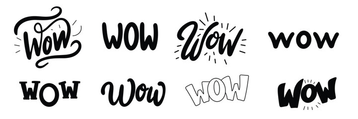 Collection of word WOW lettering. Hand drawn vector art.