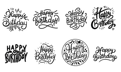 Collection of Happy Birthday lettering. Hand drawn vector art.