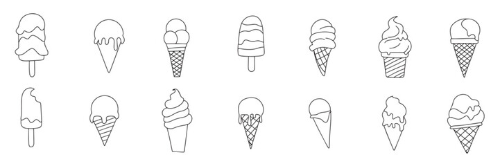 Collection of ice cream in doodle style. Hand drawn vector art.