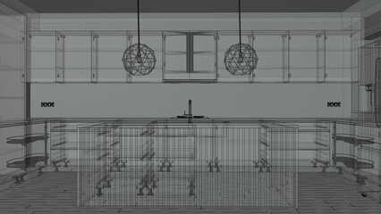 kitchen x ray project with partial rendered and partial sketch, for showing up how to go from sketch to upcoming or done kitchen furniture. also xrayd with all accesories inside cabinet units