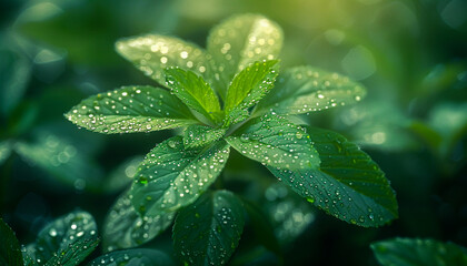 Young plant with dew on leaves close up