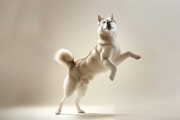 Happy Siberian husky dog standing on hind legs and dancing , isolated over a white background. Sled dog isolated. White background