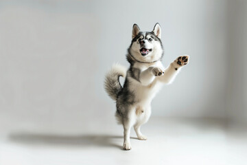 Happy Siberian husky dog standing on hind legs and dancing , isolated over a white background. Sled dog isolated. White background