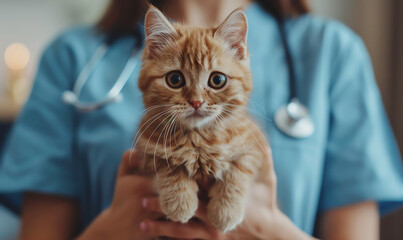 Cat in the hands of a doctor, veterinary clinic, treatment of animals.