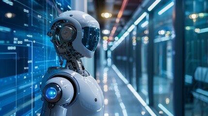 Fototapeta premium Powerful robot with AI control depicting potential dangers and consequences of technology. Concept Technology, Artificial Intelligence, Robots, Future