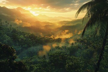 A breathtaking sunset scene unfolds over a vibrant green tropical rainforest, with mist-shrouded mountains adding to the mystical ambiance.