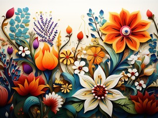 Fototapeta premium Joyful vector art of a lush garden scene, bursting with a variety of stylized plants and flowers in vivid colors, crisp outlines , against pure white background