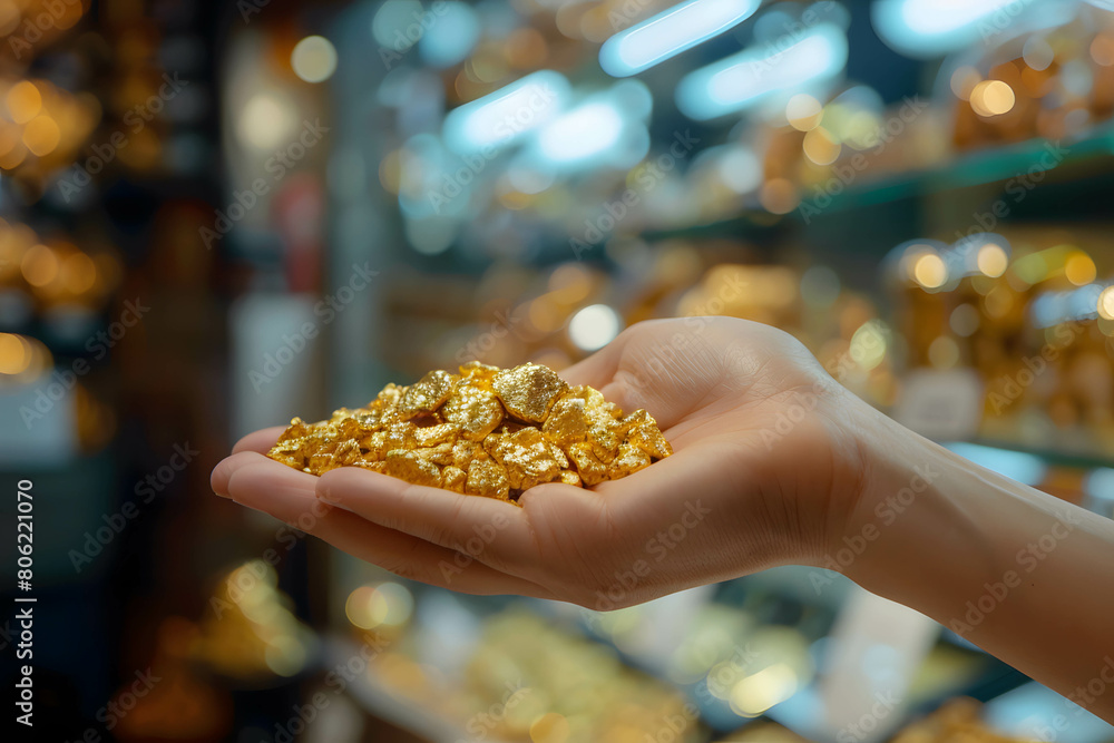 Wall mural hand holding gold nugget, the background is gold shop, discovery of gold and the increasing demand o