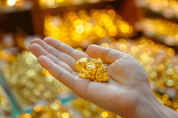 Hand holding gold nugget, the background is gold shop, discovery of gold and the increasing demand or supply for gold, the increase in the price of gold - obrazy, fototapety, plakaty
