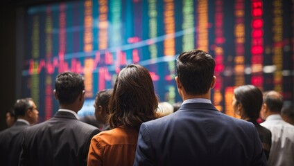Back view of a group of multinational people and digital technology confidently gazes at the viewer while looking at a financial stock market graph.