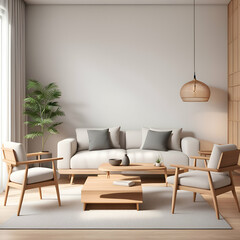 living room interior,  interior mock up, cozy modern room with natural wooden furniture, 3d render
